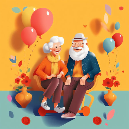 Happy senior couple relaxing in park, sitting on bench, holding hands. Old man with cane and woman enjoying leisure time outdoors. For elderly age, retirement, relationship conceptの素材