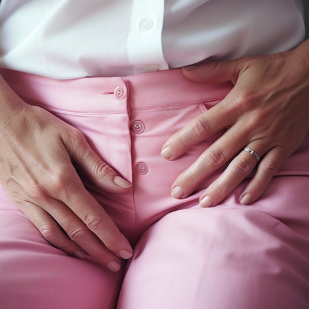AI generated: Extreme Closeup of a 50-Year-Old Woman's Hands Easing Cramp Pain in Her Lower Bellyの素材
