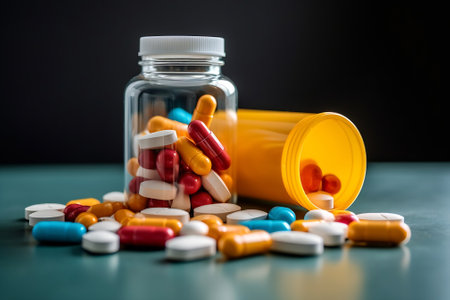 AI generated: Bursting with Health - Colorful Pills Overflowing from Packaging, Symbolizing Medicine and Healthcare Concept.の素材