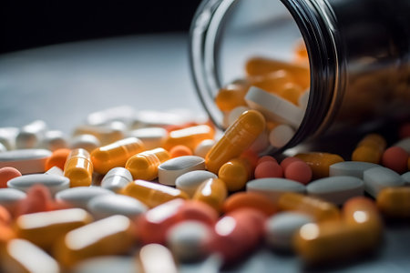 AI generated: Bursting with Health - Colorful Pills Overflowing from Packaging, Symbolizing Medicine and Healthcare Concept.の素材