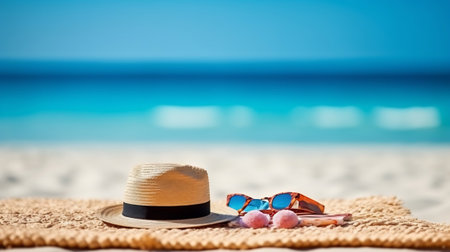 AI generated: Vibrant Summer Beach Holiday with Colorful Sunglasses and Starfish on Sandy Tropical Shoreの素材