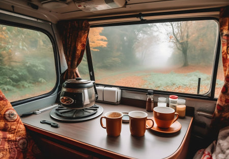 AI generated: Steaming Cup of Coffee in a Van Life Campervan Embracing the Slow Lifeの素材