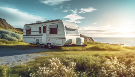 AI generated: Morning Serenity with Coffee and Campervan in Sunlit Natureの素材