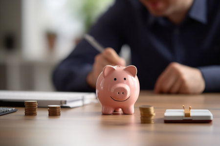 AI generated: Man Holding a Pink Piggy Bank at a Desk with Back Button Focusの素材