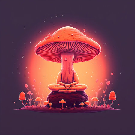 AI generated: vector cartoon style magic fantasy mushrooms glowing in the dark, isolated on white background. For web, video games, user interface, design printing.の素材