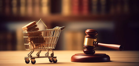 AI generated: Shopping trolley cart and hammer judge gavel on wooden table with white wall background copy space. Consumer rights and and responsibilities to safety, customer protection, commercial law concept.の素材