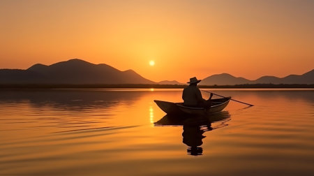 AI generated: Tranquil Serenity of a Fishing Angler on a Calm Lake at Sunsetの素材