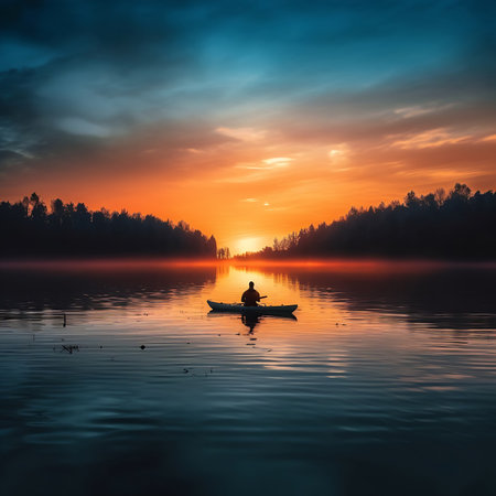 AI generated: Tranquil Serenity of a Fishing Angler on a Calm Lake at Sunsetの素材