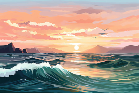 AI generated: Mountains sea sky. Vector art. Illustration of soft colored abstract background. Web and mobile interface template. Travel corporate website design. Minimalistic backdropの素材