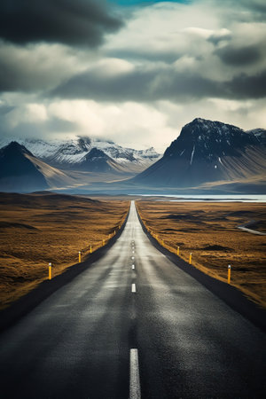 AI generated: Serene Journey on an Empty Road Amidst Majestic Mountainsの素材