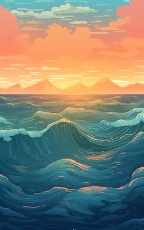 AI generated: Mountains sea sky. Vector art. Illustration of soft colored abstract background. Web and mobile interface template. Travel corporate website design. Minimalistic backdropの素材