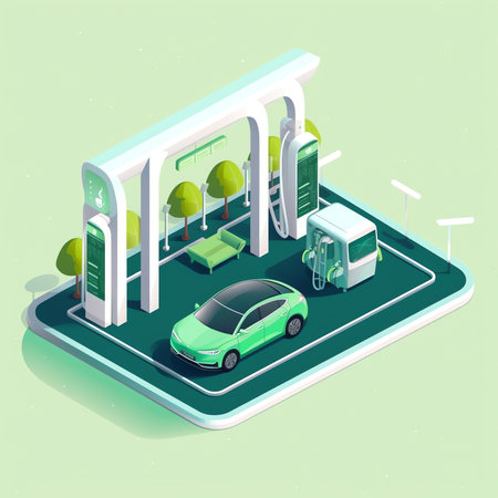 AI generated: Electric car charging its battery with natural landscape, concept illustration for green environment, ecology, sustainability, clean air, future. Vector illustration in flat style.の素材