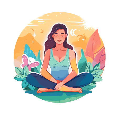 AI generated: Woman meditating in nature and leaves. Concept illustration for yoga, meditation, relax, recreation, healthy lifestyle. Vector illustration in flat cartoon styleの素材