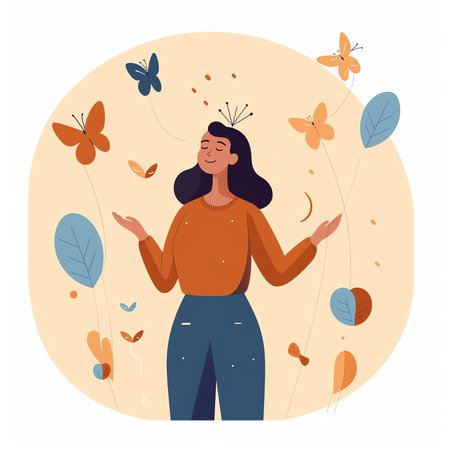 AI generated: Happy woman sits in lotus pose and open her arms to the rainbow. Smiled girl creates good vibe around her. Smiling female character enjoys her freedom and life. Body positive and health care conceptの素材