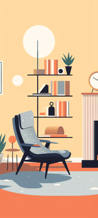 AI generated: Cozy interior of a modern elegant living room with an armchair, a tv table, a fireplace, and various decorations. Flat style vector design templateの素材