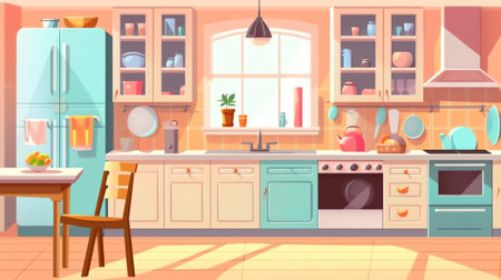 AI generated: Modern cozy kitchen interior with dining area, flat style, vector graphic design templateの素材