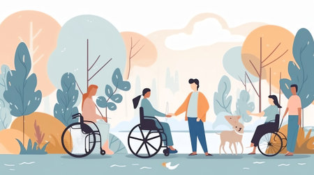 AI generated: Disabled people help and diversity. Handicapped people with cane and in wheelchair meeting with friends or volunteers. Vector illustration for disability, assistance, diverse society conceptの素材
