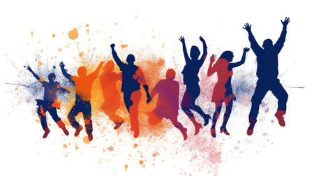 AI generated: Happy group of people jumping on a white background. The concept of friendship, healthy lifestyle, success. Vector illustration in a flat styleの素材