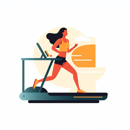 Woman running on the treadmill, concept illustration for sport, exercising, healthy lifestyle, cardio activity. Vector illustration in cartoon styleの素材