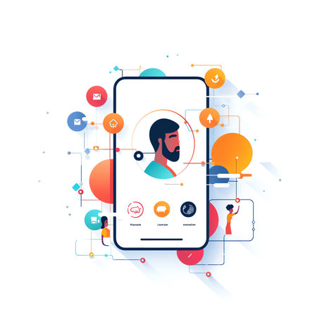 Social media profile. Smartphone with a man avatar, text and button. Differents icons with likes and messages. Vector illustration in flat styleの素材