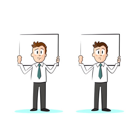 Gender pronouns - man holding sign with pronoun, male character. Vector illustration in flat styleの素材