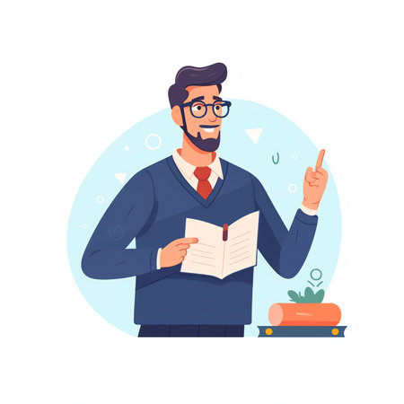 Man with a book. Teacher s day, Literacy day concept. Cute vector illustration in flat cartoon styleの素材