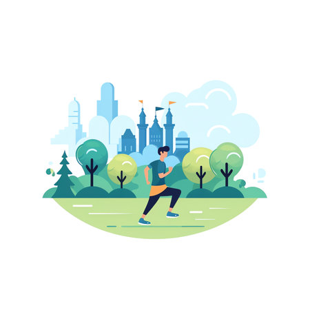 Running landing page template. Man running in the park. Illustration for marathon, city run, training, cardio exercising. Vector illustration in flat styleの素材
