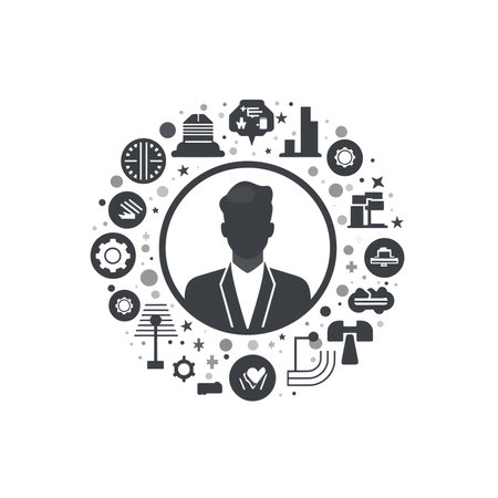 Social media influencer. Illustration with man holding megaphone and magnet in the social profile frame. Different social media icons. Vector illustration in flat styleの素材