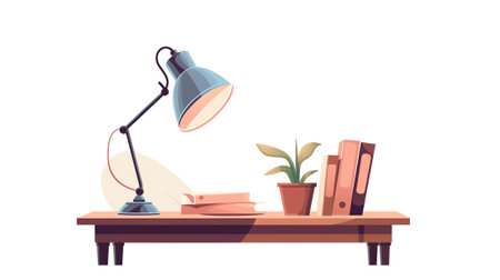 Studying concept. Open book, a coffee cup, a lamp on a table, cute vector illustration in flat styleの素材