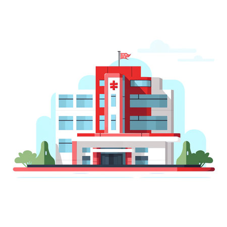 Hospital building - urban architecture, vector illustration in flat style, isolated on white backgroundの素材