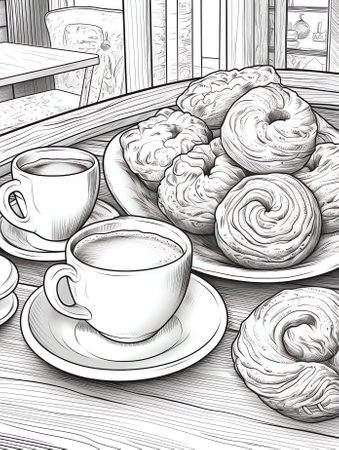 Cafe and bakery - vector illustration with hand drawn coffee cups, cookies, donuts, pretzels,breads and cakesの素材