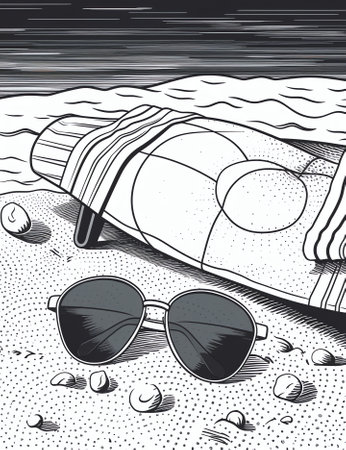 Beach from above, view with umbrella, beach towel, sunglasses and flip flop. Vector hand drawn illustrationの素材