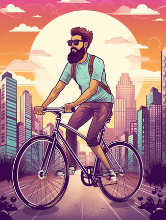 Bicycle infographics. Man riding bike with city landscape, different data colorful elements. Vector illustration template in flat styleの素材