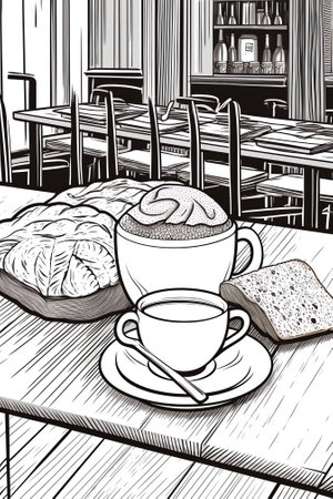 Coffee house - vector illustration with lettering and different breads, croissants, cookies, cakes, coffee cups. Design templateの素材