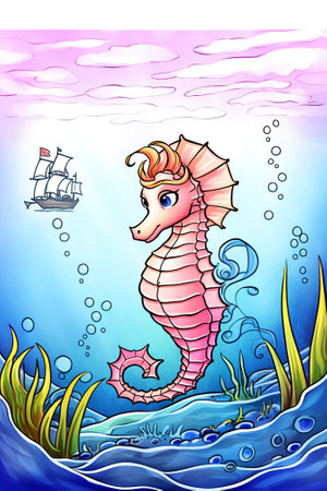 Sea animals with landscape - cute cartoon vector illustration of seahorseの素材