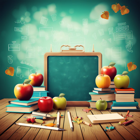 Back to school vector illustration with autumn leaves and dark wooden backgroundの素材