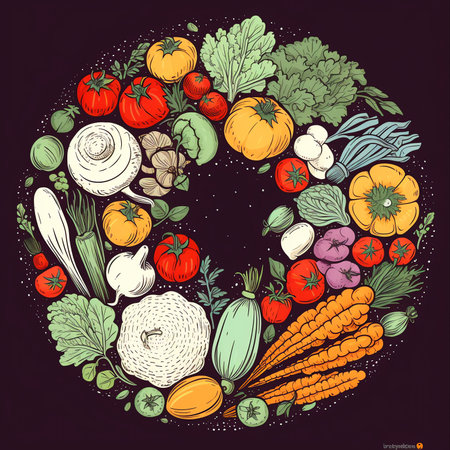 Fruits and vegetables - vector illustration, circular frame template with hand drawn fruits and vegetablesの素材