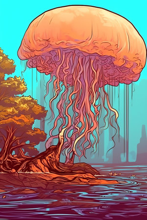 Sea animals with landscape - cute cartoon vector illustration of jellyfish,の素材