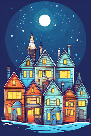 Merry Christmas town illustration with cute houses, night sky and flying Santa Claus. Vector greeting card template in in flat styleの素材