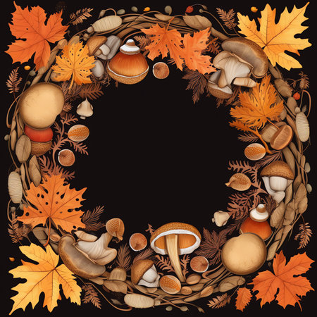 Hello autumn frame in flat style. Frame with different leaves, mushrooms, nuts, berries. Illustration design templateの素材