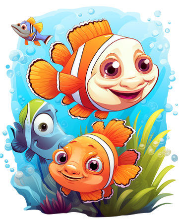 Sea animals with landscape - cute cartoon vector illustration of orange clown fishの素材