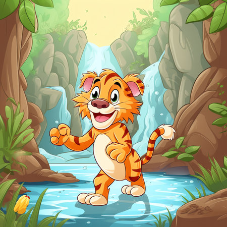 Wild animals with landscape - cute cartoon illustration of tigerの素材