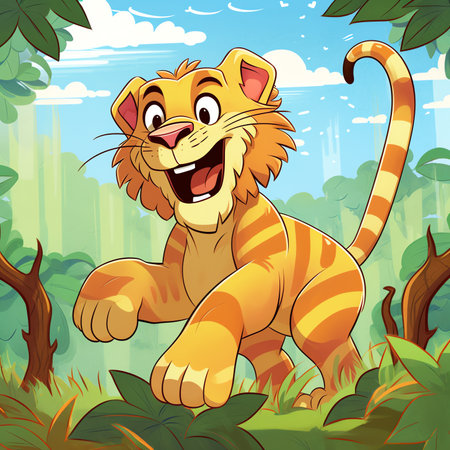 Wild animals with landscape - cute cartoon illustration of tigerの素材