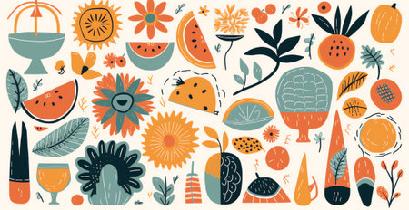 Summer fruits, leaves and flowers, elements collection. Vector illustration in flat styleの素材