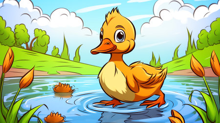 Farm animals with landscape - cute cartoon illustration with duck and ducklingの素材