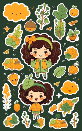 Autumn sale banner template with a girl and different autumn elements. Cute illustration in cartoon style.の素材