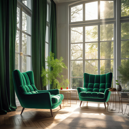 Cozy Interior with two green armchairs and a window with autumn treeの素材
