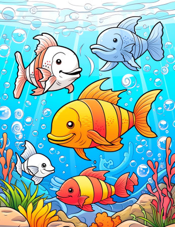 Sea animals with landscape - cute cartoon vector illustration of fishの素材