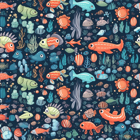 Summer sea pattern. Cute fish, seagull, crab, seashells. Hand drawn flat cartoon elements. Vector illustrationの素材