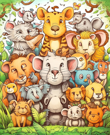 Wild animals with landscape - cute cartoon illustration of crocodile, rhinoceros, elephant, giraffe, leopard, tiger, zebra, monkey, lion, hippo, monkeyの素材